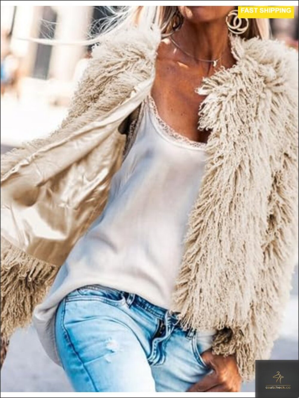 Faux Fur Cropped Jacket Long Sleeve Shaggy Warm Outerwear Lightweight - Picture 3 of 6